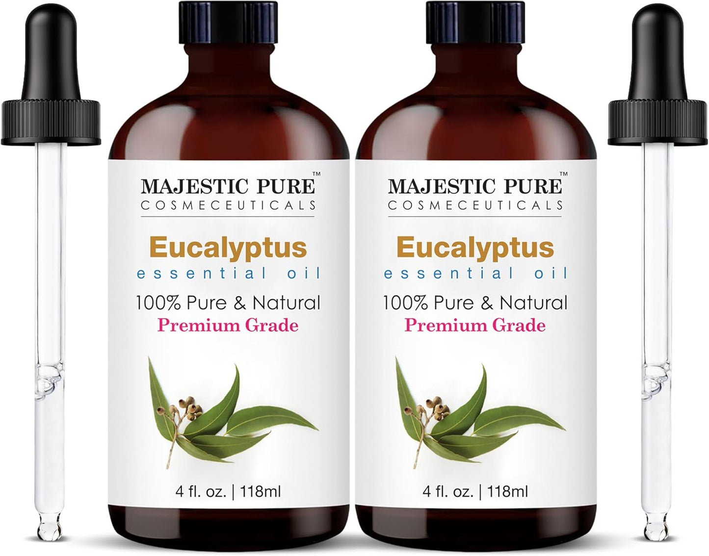 Majestic Pure Essential Oil with Glass Dropper - 100% Pure and Natural - Essential Oils for Diffuser, Aromatherapy, Soap and Candle Making, Eucalyptus Essential Oil, Eucalyptus Oil, 4 Fl Oz Pack of 2