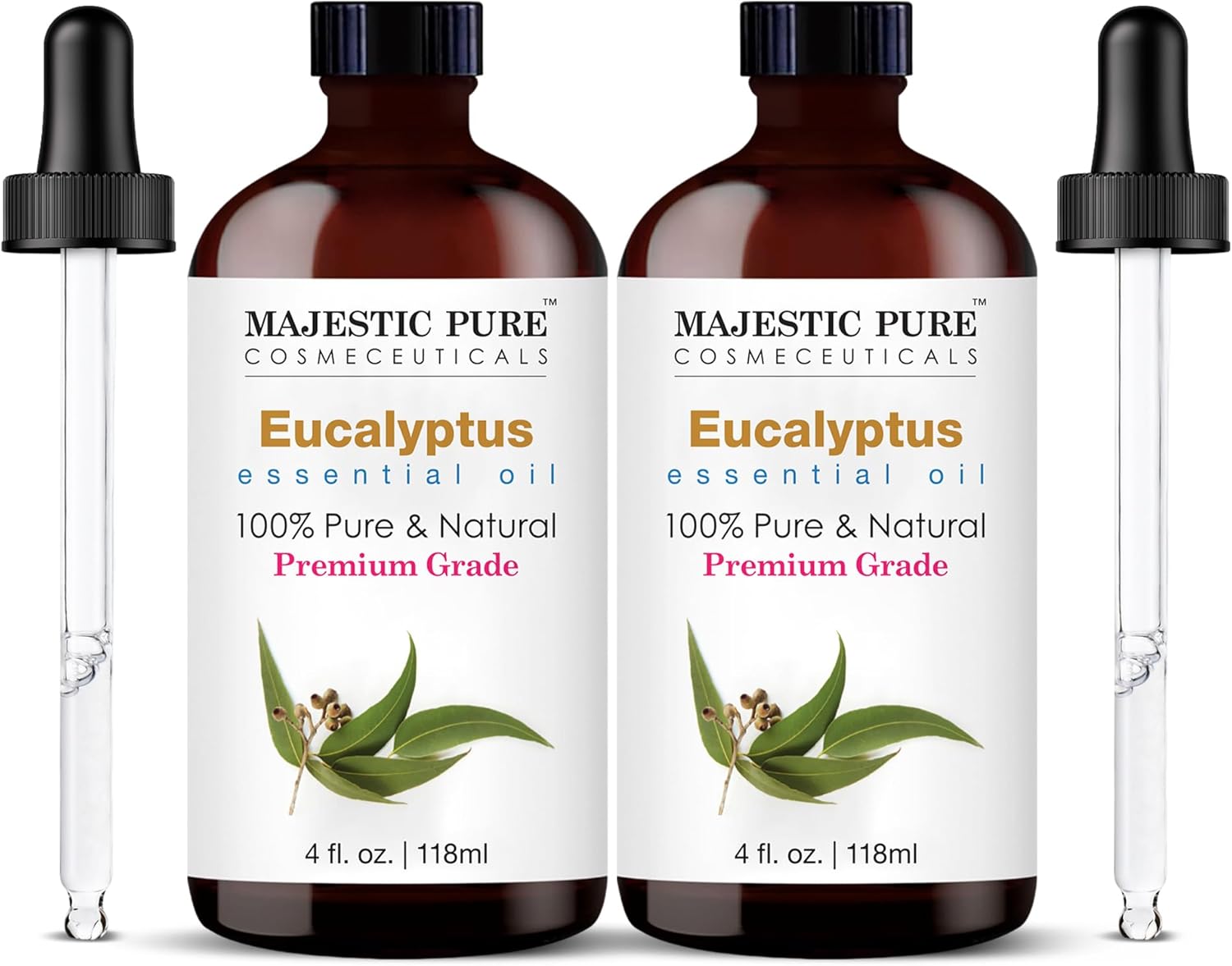 Majestic Pure Essential Oil with Glass Dropper - 100% Pure and Natural - Essential Oils for Diffuser, Aromatherapy, Soap and Candle Making, Eucalyptus Essential Oil, Eucalyptus Oil, 4 Fl Oz Pack of 2