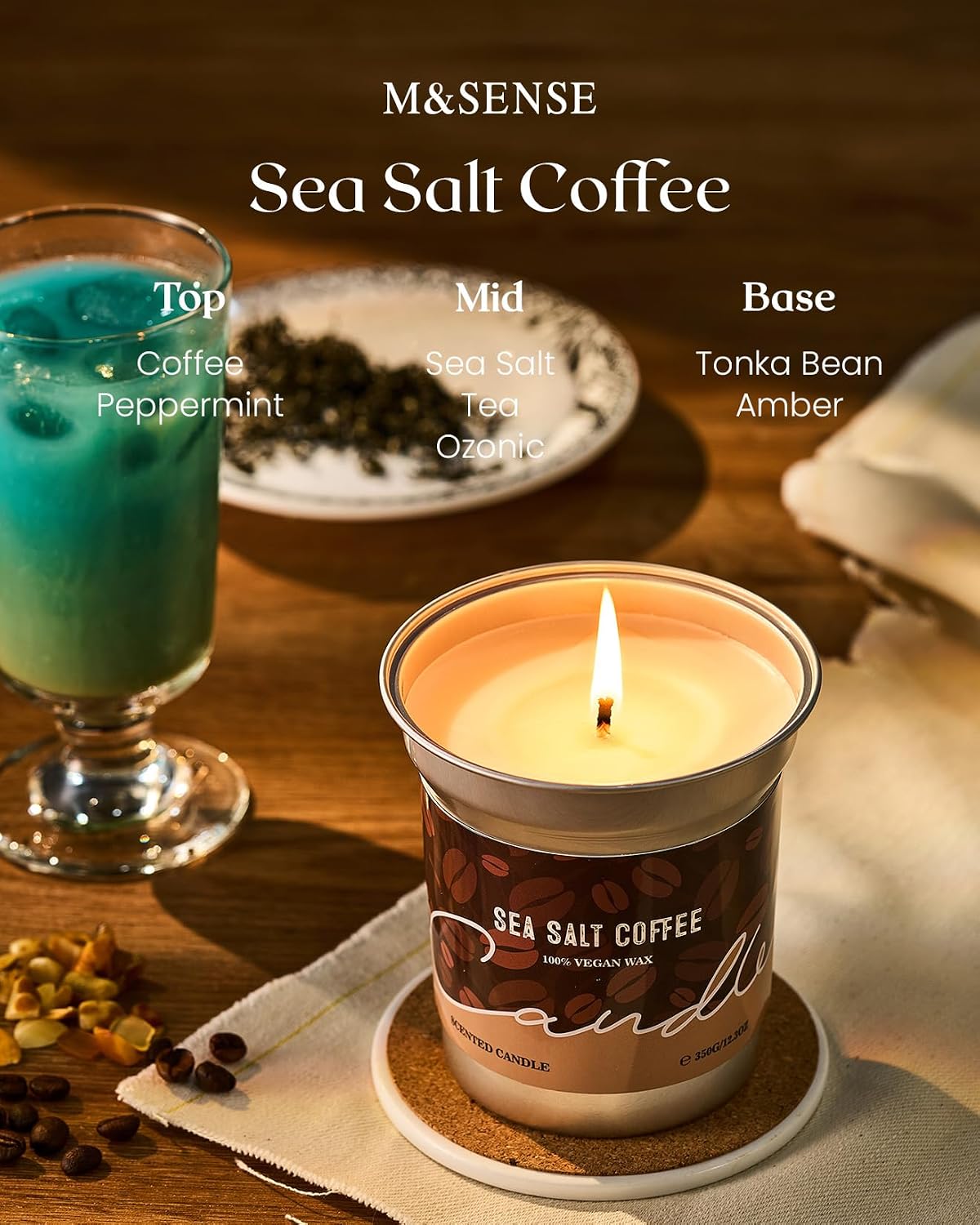 M&SENSE Iced Coffee Candle Summer Sea Salt Scented, Soy Wax 7oz | 42 Hours Long Lasting, Clean Burn, Small Jar, Stress Relief Aromatherapy, Gifts for Women Men