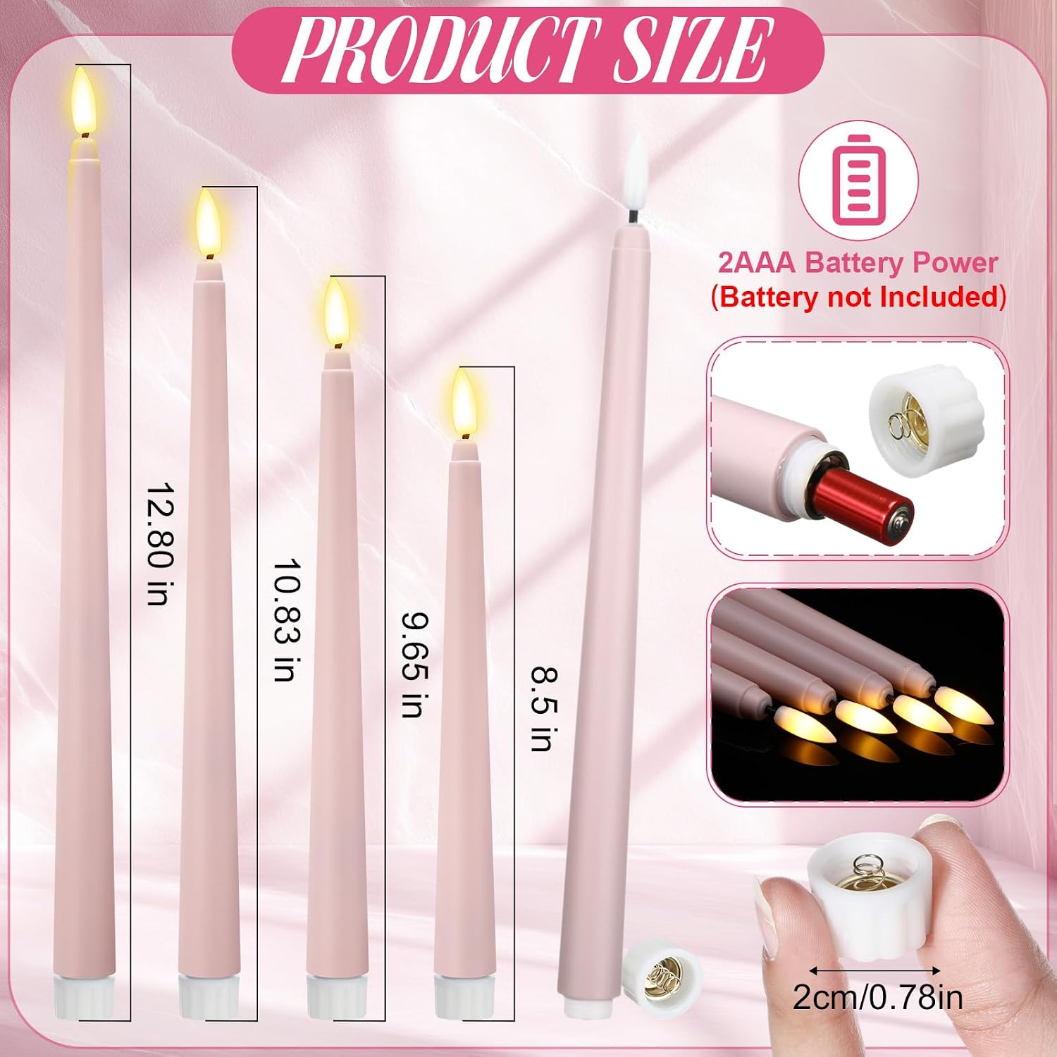 Rossesay 48 Pcs Flameless LED Taper Candles Battery Operated Candles 4 Sizes of 8.5'', 9.65'', 10.83'', 12.8'' Flameless Candlesticks Flickering for Halloween Christmas Church Wedding(Dusty Pink)