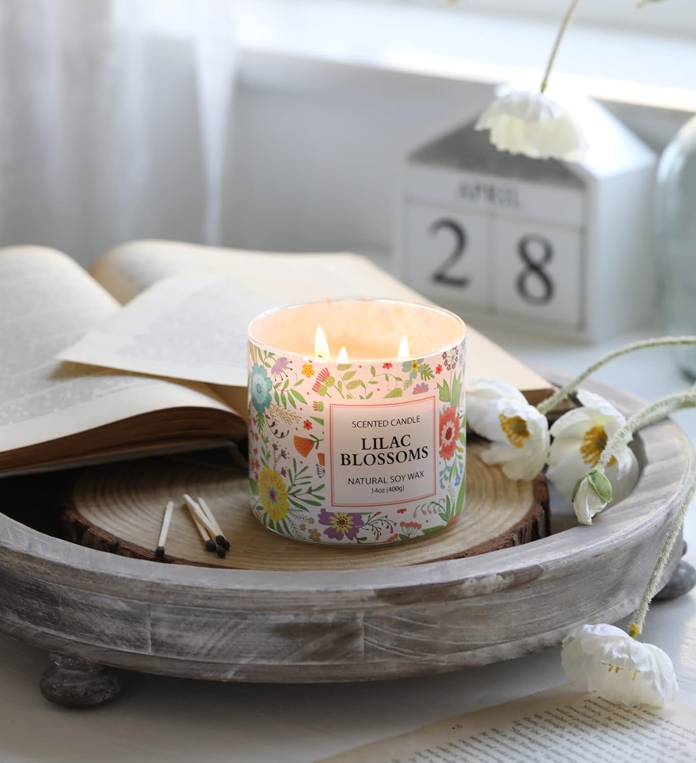 Spring Candle, Floral Scented Candle, Blossoms Gardenia Scented Candle, Large 3 Wicks, 14 oz
