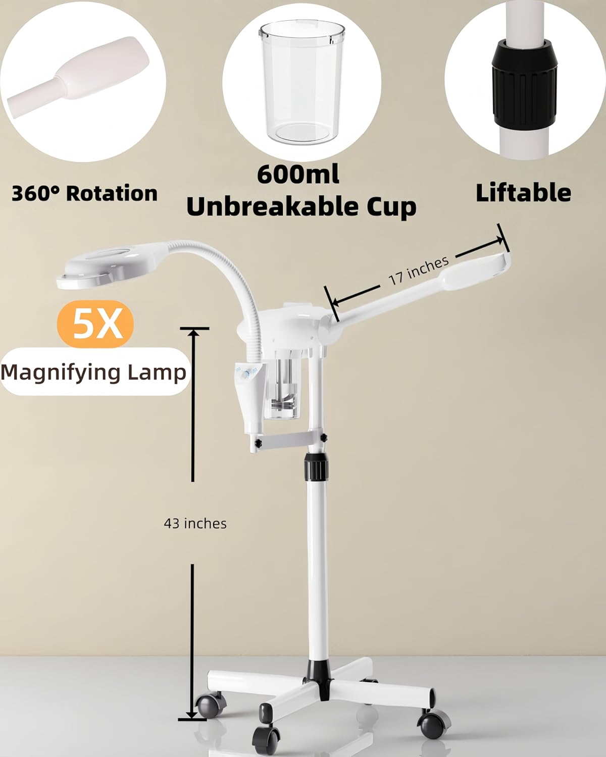 Professional Facial Steamer with Magnifying Lamp, Nano Ionic Face Steamer for Esthetician & Home Spa, Portable Facial Steamer for Deep Cleansing, Home Facial Skin Care Equipment, White