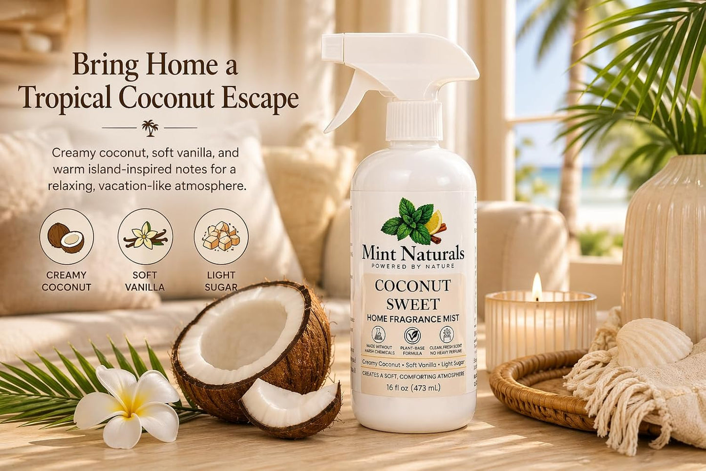 Natural Coconut Room Spray & Odor Eliminator, Creamy Coconut, 16oz | Creamy Coconut Fragrance Mist, Plant-Based, Non-Toxic, Home Office Car Bathroom, Made in USA by Mint Naturals