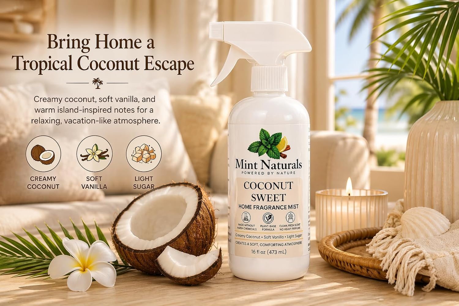 Natural Coconut Room Spray & Odor Eliminator, Creamy Coconut, 16oz | Creamy Coconut Fragrance Mist, Plant-Based, Non-Toxic, Home Office Car Bathroom, Made in USA by Mint Naturals