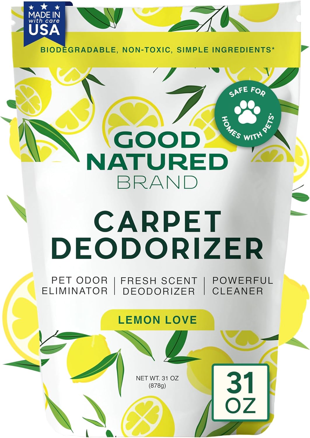 Good Natured Brand | Carpet Deodorizer & Freshener Powder | 31 oz Pet Odor Eliminator for Strong Odor & Pet Urine | Fresh Natural Lemon Scent | Safe for Homes with Pets