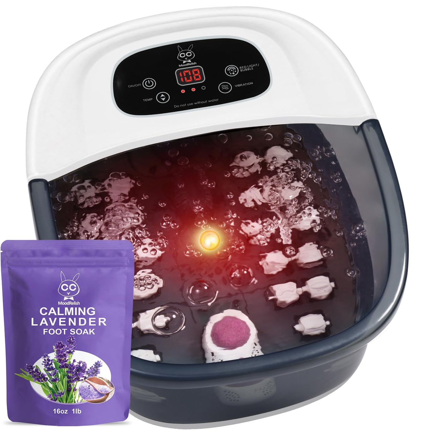 MoodRelish Foot Spa Bath Massager with Heat Bubbles and Vibration Massage and Jets, 16 OZ Calming Lavender Foot Soak Epsom Salt, Foot Soaker with Red Light, 22 Massage Rollers, Adjustable Temp - Grey