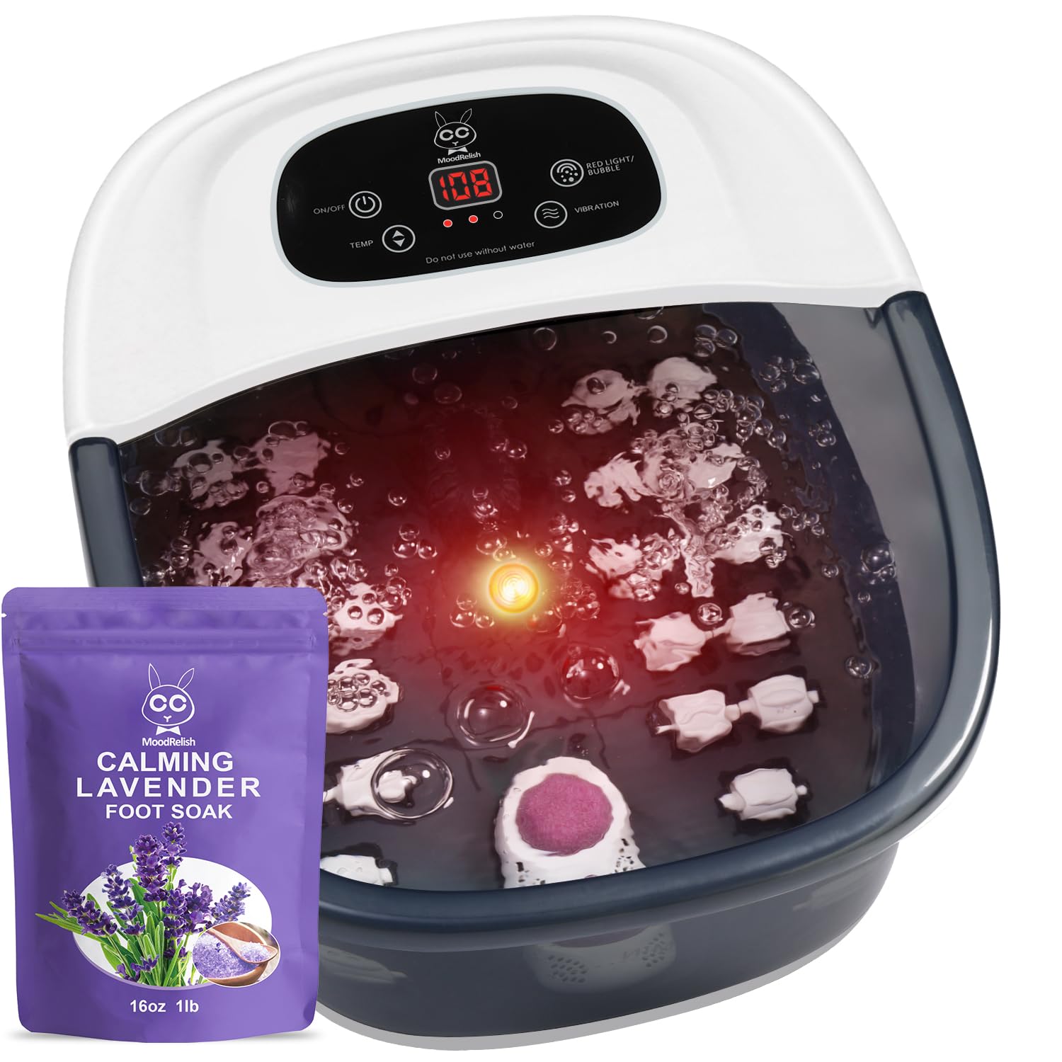 MoodRelish Foot Spa Bath Massager with Heat Bubbles and Vibration Massage and Jets, 16 OZ Calming Lavender Foot Soak Epsom Salt, Foot Soaker with Red Light, 22 Massage Rollers, Adjustable Temp - Grey