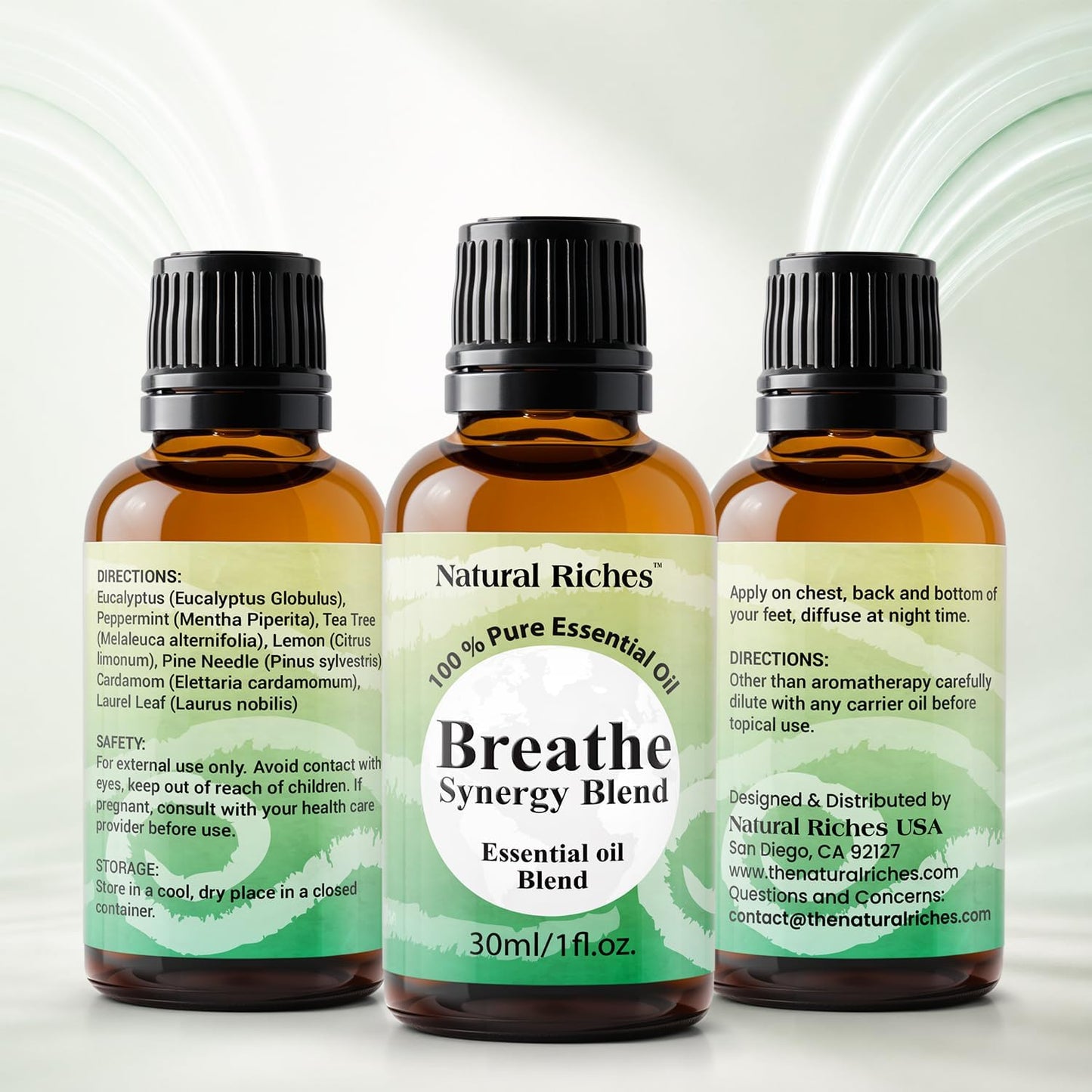 Natural Riches Breathe Essential Oil Blend Breathe Easy with Peppermint Eucalyptus Tea Tree Lemon Cardamom Pine Needle Essential Oils - 30 ml
