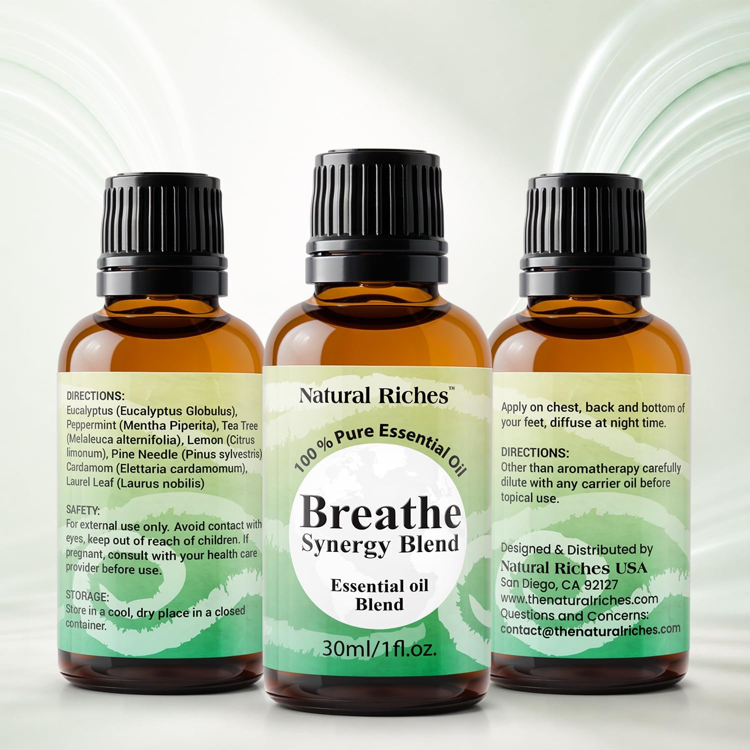 Natural Riches Breathe Essential Oil Blend Breathe Easy with Peppermint Eucalyptus Tea Tree Lemon Cardamom Pine Needle Essential Oils - 30 ml