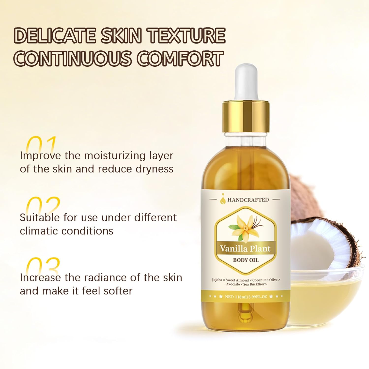 Handcrafted Vanilla Body Oil – 118 mL (3.99 fl oz) Hydrating Plant‑Oil Blend of Jojoba, Sweet Almond, Coconut & Sea Buckthorn for Skin & Hair