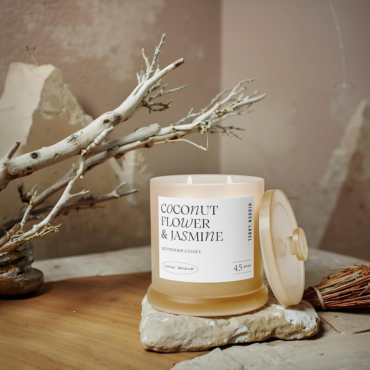 Coconut Flower & Jasmine Scented Candle, 13oz Natural Soy Wax Candle with 2 Wicks, 75 Hour Long Lasting Aromatherapy Candle for Stress Relief, Non Toxic Luxury Candle for Home Decor