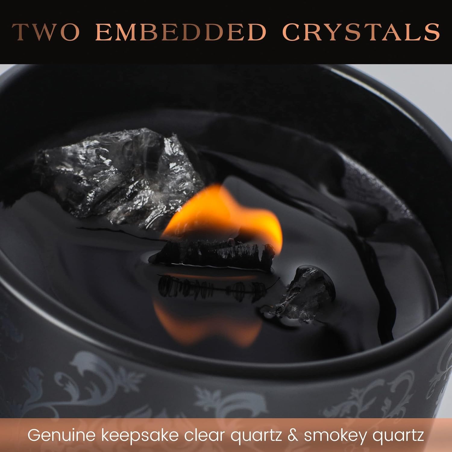 Black Orchid & Pine Moss Scented Crystal Candle - Luxury Manifestation Candle with Smoky Quartz and Clear Quartz Crystals - 7.4oz Natural Soy, Coconut & Beeswax, Wood Wick