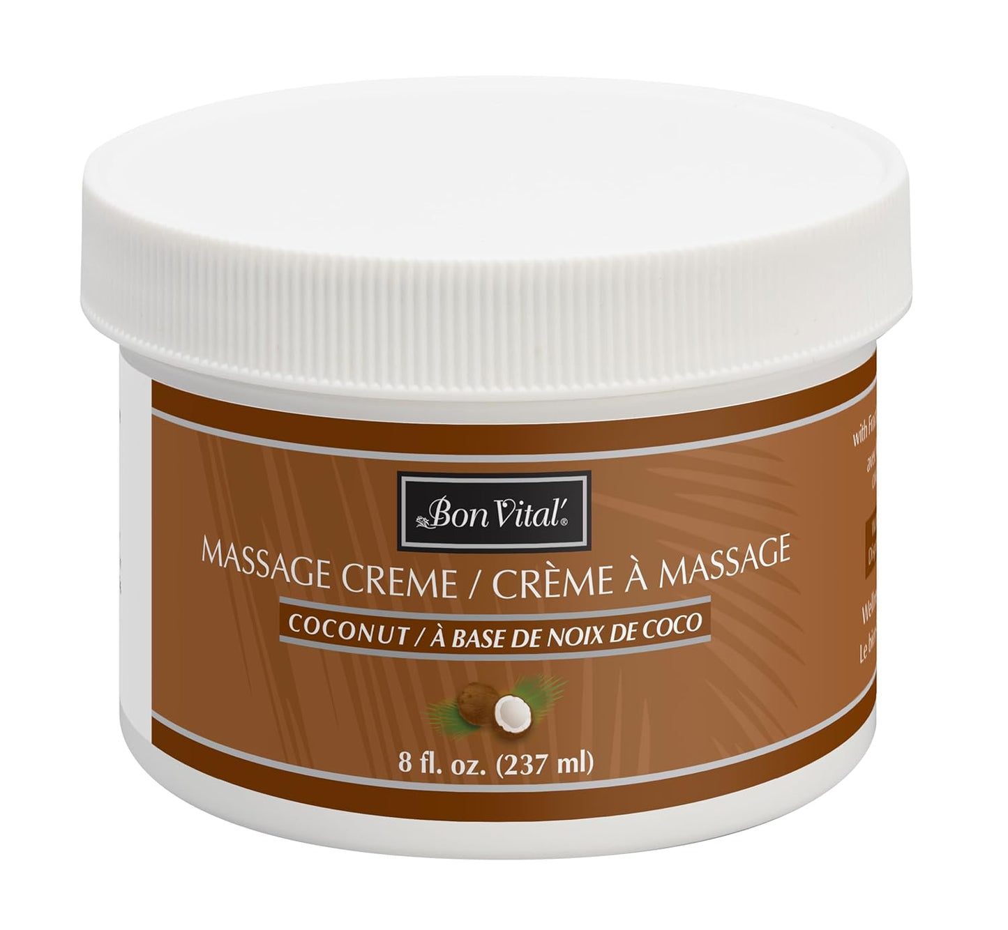 Bon Vital' Coconut Massage Creme Made with 100% Pure Fractionated Coconut Oil, Moisturizer to Repair Dry Skin, No Greasy Feel, Anti-Aging Cream for Professional Massage, 8 Ounces (Packaging May Vary)