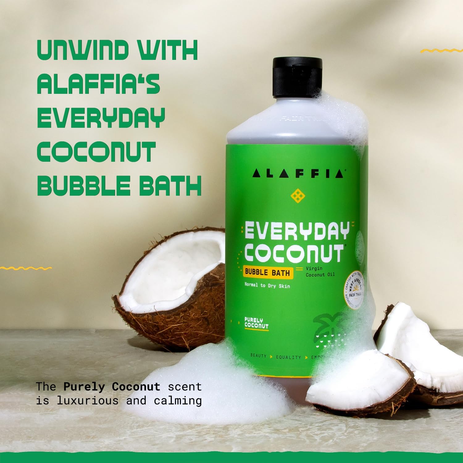 Alaffia Everyday Coconut Bubble Bath, Purely Coconut Scent, 2-Pack, 32 Oz Ea