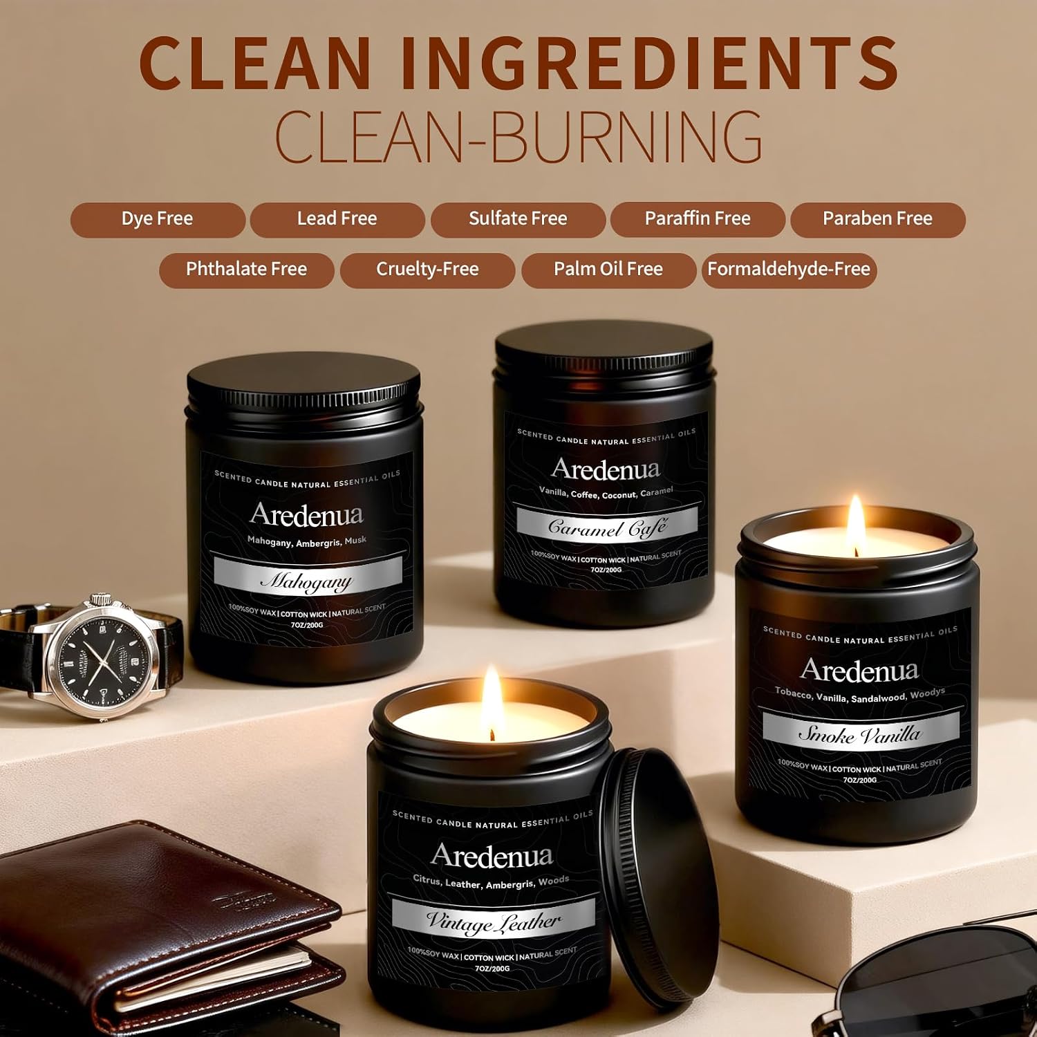 Men’s Candle Set for Dad, 4 Pack Masculine Scented Candles – Gentlemen Candle Aromatherapy Gifts for Fathers Day - Soy Candles for Home, Scent of Leather/Smoke & Vanilla/Mahogany/Coffee