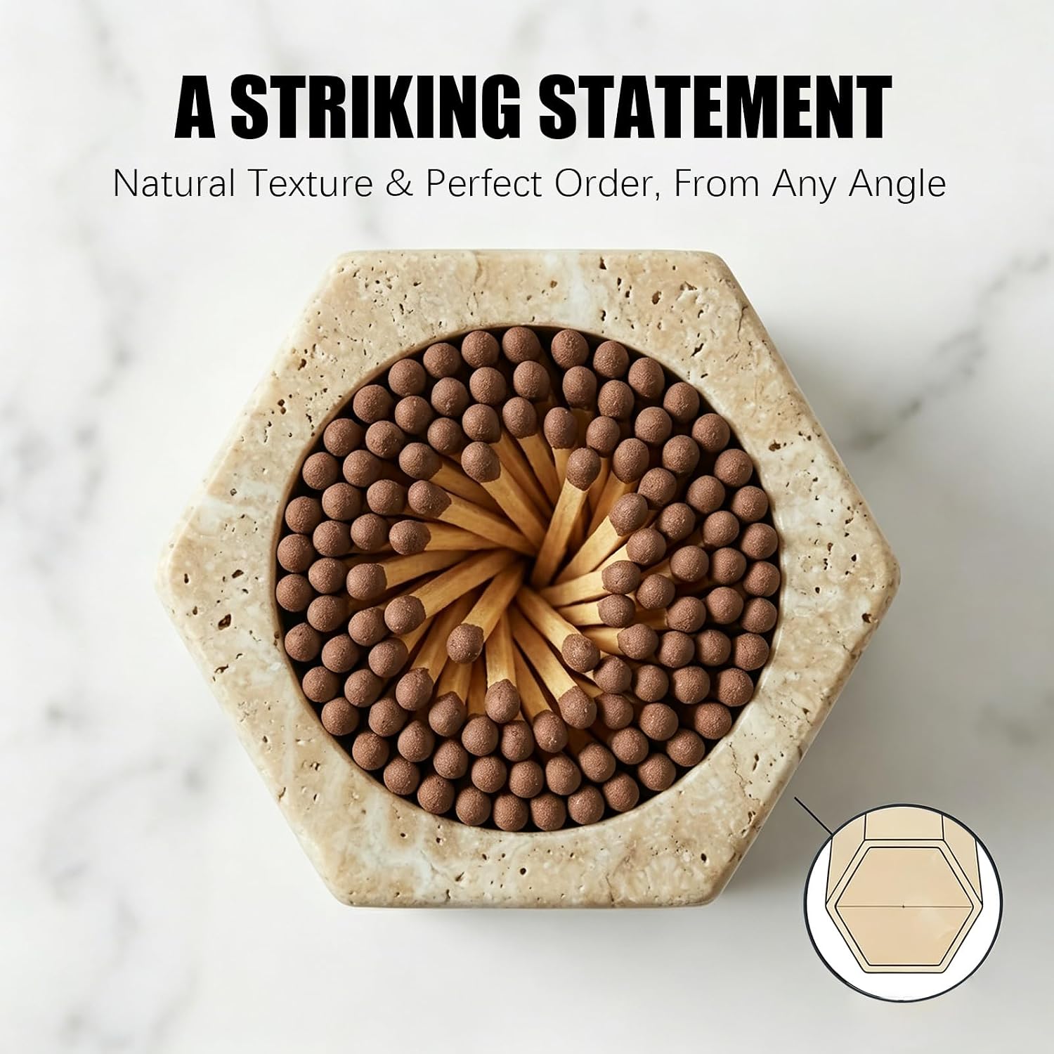 Hexagonal Travertine Match Holder with Striker, Luxury Natural Stone Matches Jar with Cork Base, Decorative Matchstick Holder for Candle & Fireplace - Unique Housewarming Gift, Matches Not Included