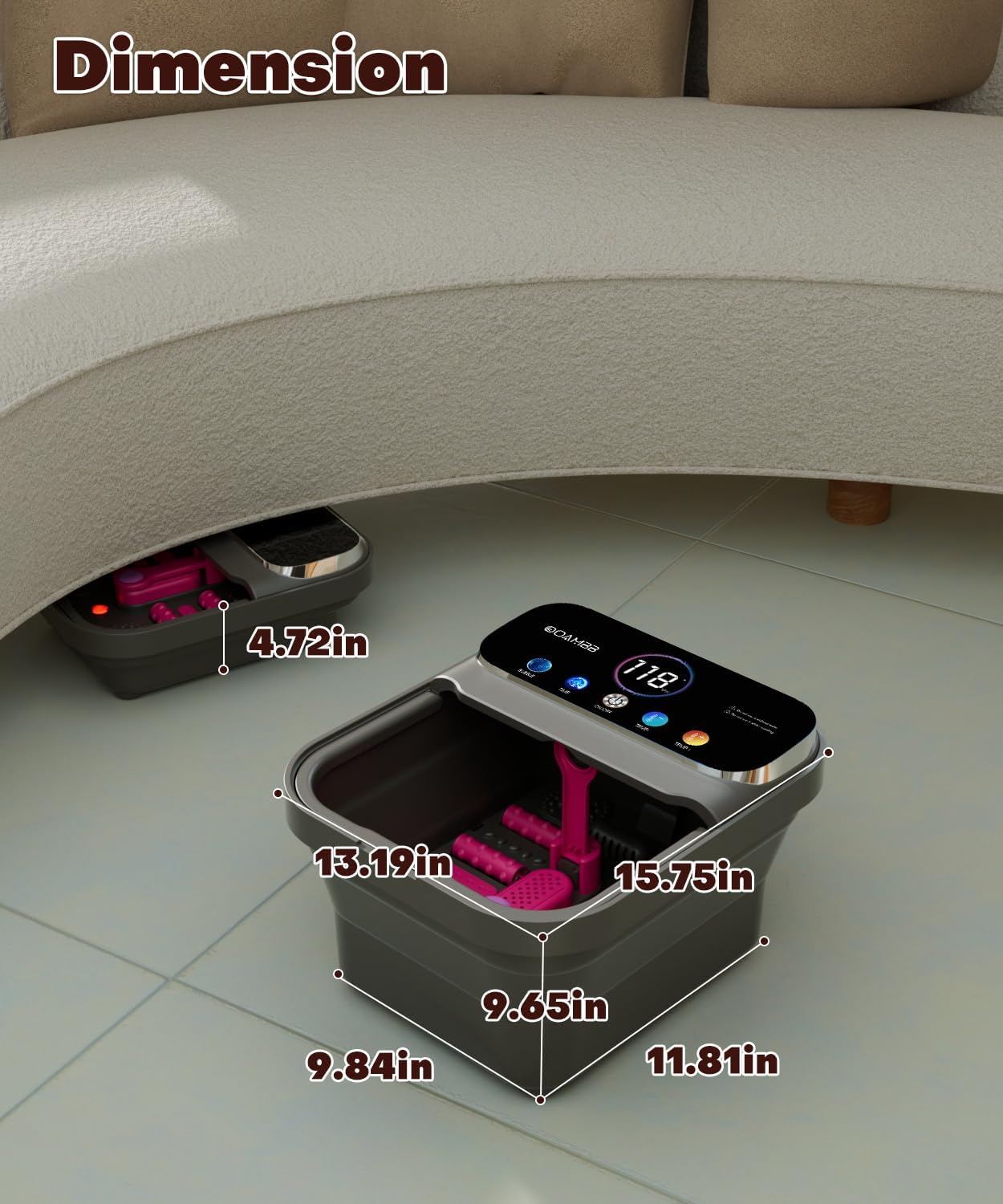 OOAMBB Collapsible Foot Spa with Heat, Bubble,Temp Control,Remote Control, Color Touch Screen Foot Bath Massager with 6 Massage Rollers,Foot Soaking Tub,Pedicure Foot spa for Stress Relief (Deep Grey)