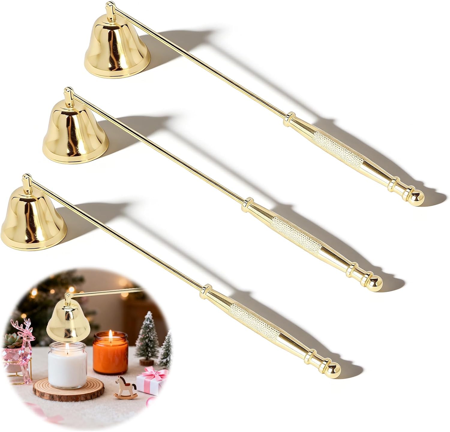 3pcs Candle Snuffer, Bell Shaped Iron Plating Long Handle with Non-Slip Grip Candle Extinguisher, Candle Snuffer for Safely Extinguishing Wick