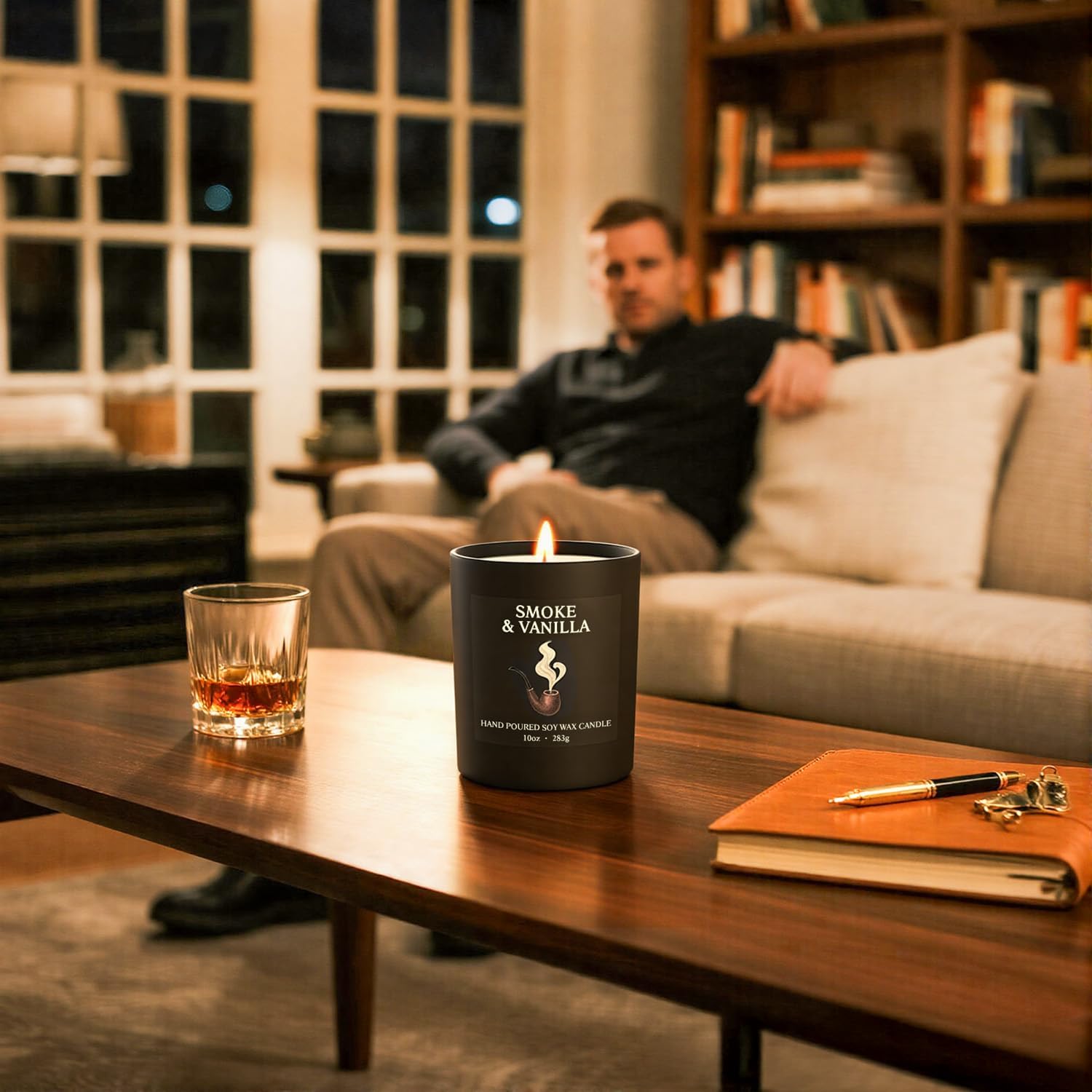 NORVENCE Candles for Men, Smoke ＆ Vanilla Scented Candle Gifts for Men and Women, 10oz Soy Candles with Bamboo Lid for Home Scented, Birthday Gifts for Men