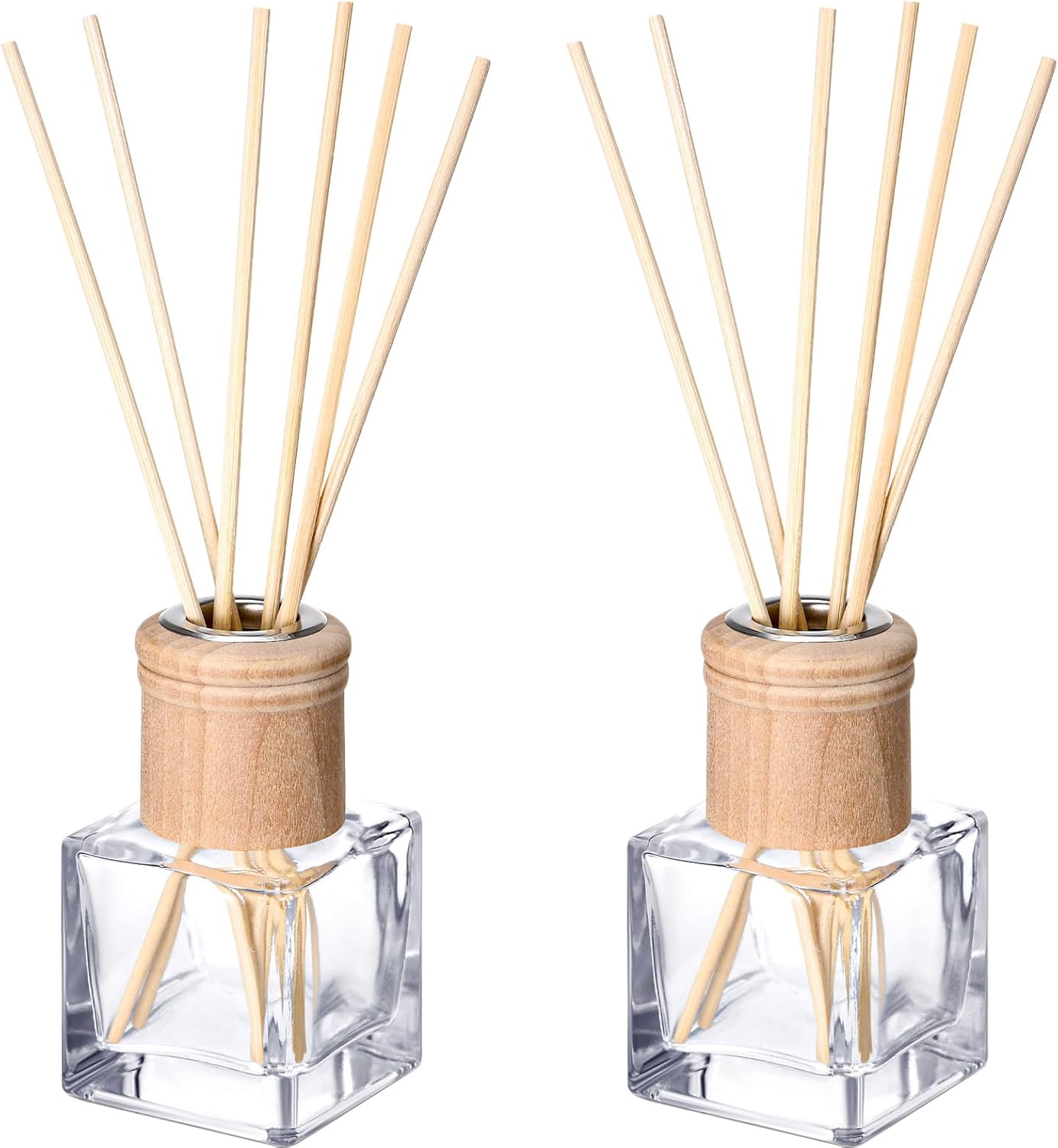 Roshtia 2 Set Reed Diffuser Bottle Empty Refillable Fragrance Glass Diffuser Bottles with Wooden Caps Rattan Sticks 50ml 1.7 oz Square Glass Jars for DIY Fragrance