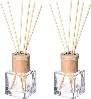 Roshtia 2 Set Reed Diffuser Bottle Empty Refillable Fragrance Glass Diffuser Bottles with Wooden Caps Rattan Sticks 50ml 1.7 oz Square Glass Jars for DIY Fragrance
