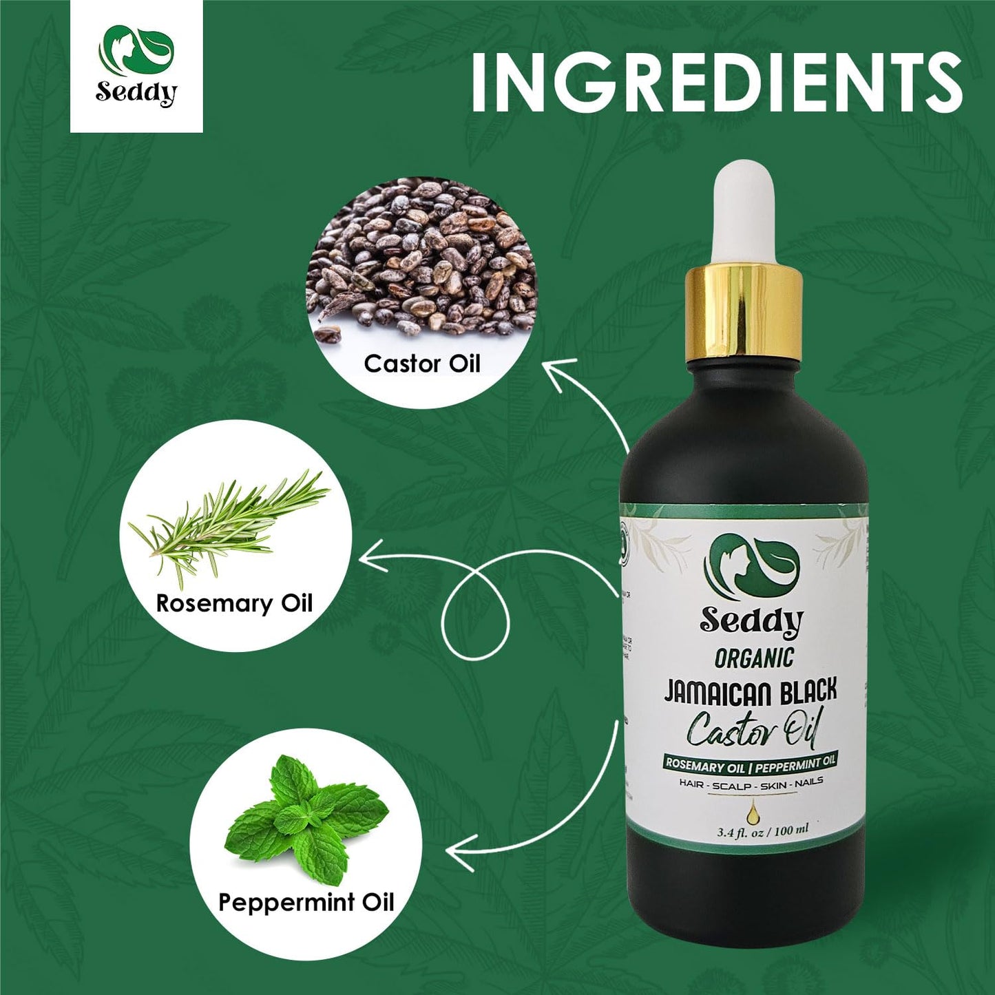 Seddy Organic Jamaican Black Castor Oil with Rosemary & Peppermint – Cold-Pressed, Hexane-Free Hair Growth & Scalp Treatment Oil for Thicker, Stronger Hair, Edges & Beard – 3.4 fl oz
