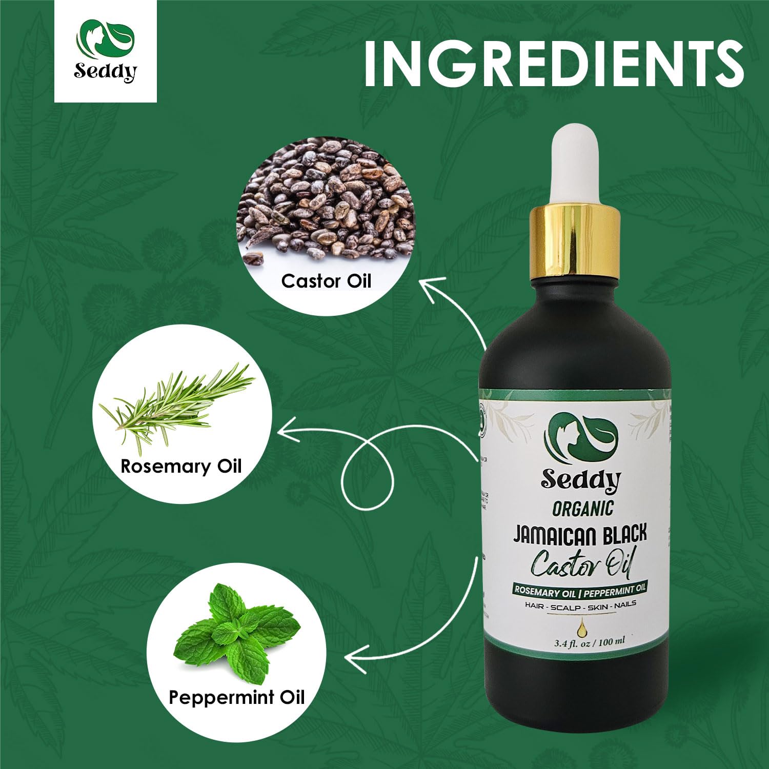 Seddy Organic Jamaican Black Castor Oil with Rosemary & Peppermint – Cold-Pressed, Hexane-Free Hair Growth & Scalp Treatment Oil for Thicker, Stronger Hair, Edges & Beard – 3.4 fl oz