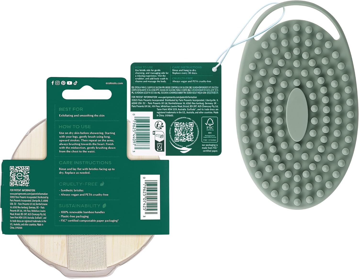 EcoTools Dry Body Brush for Circulation, Dead Skin Removal + Sage Green Silicone Body Scrubber & Massager for Exfoliating, Cleansing & Self-Care Gifts