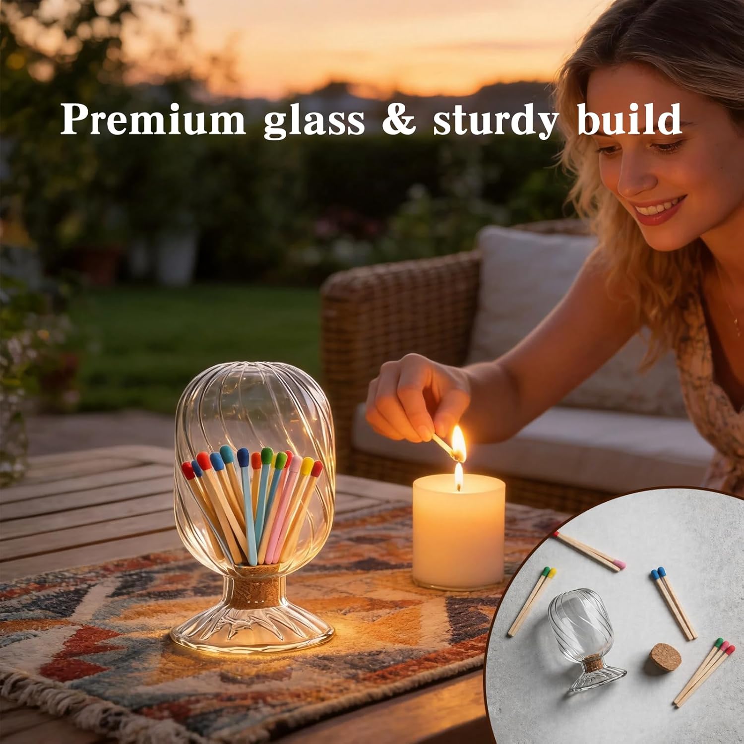Clear Glass Match Holder Jar with Swirl Pattern, Decorative Match Storage Bottle with Cork Lid & Footed Base for Home & Bar