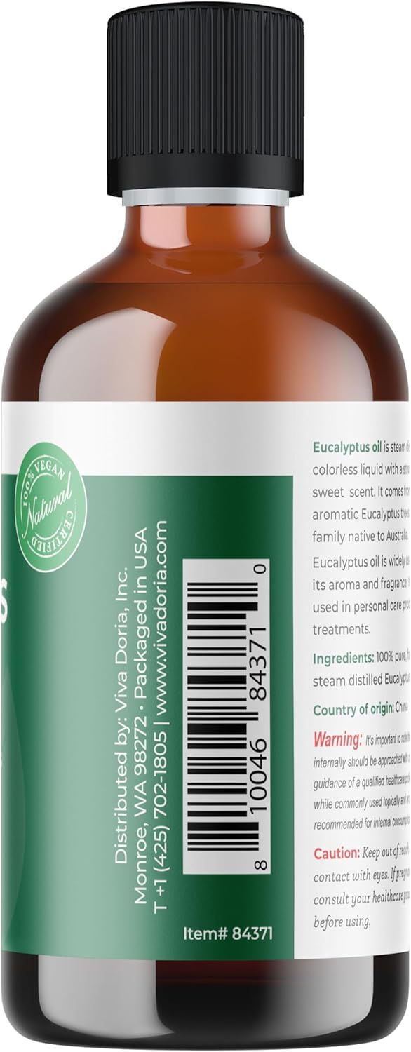 Viva Doria Eucalyptus Essential Oil, Food Grade, 118 ml (4 Fl Oz) | 100% Pure & Natural Eucalyptus Globulus | Aromatherapy Oil for Diffuser, Steam, and Massage