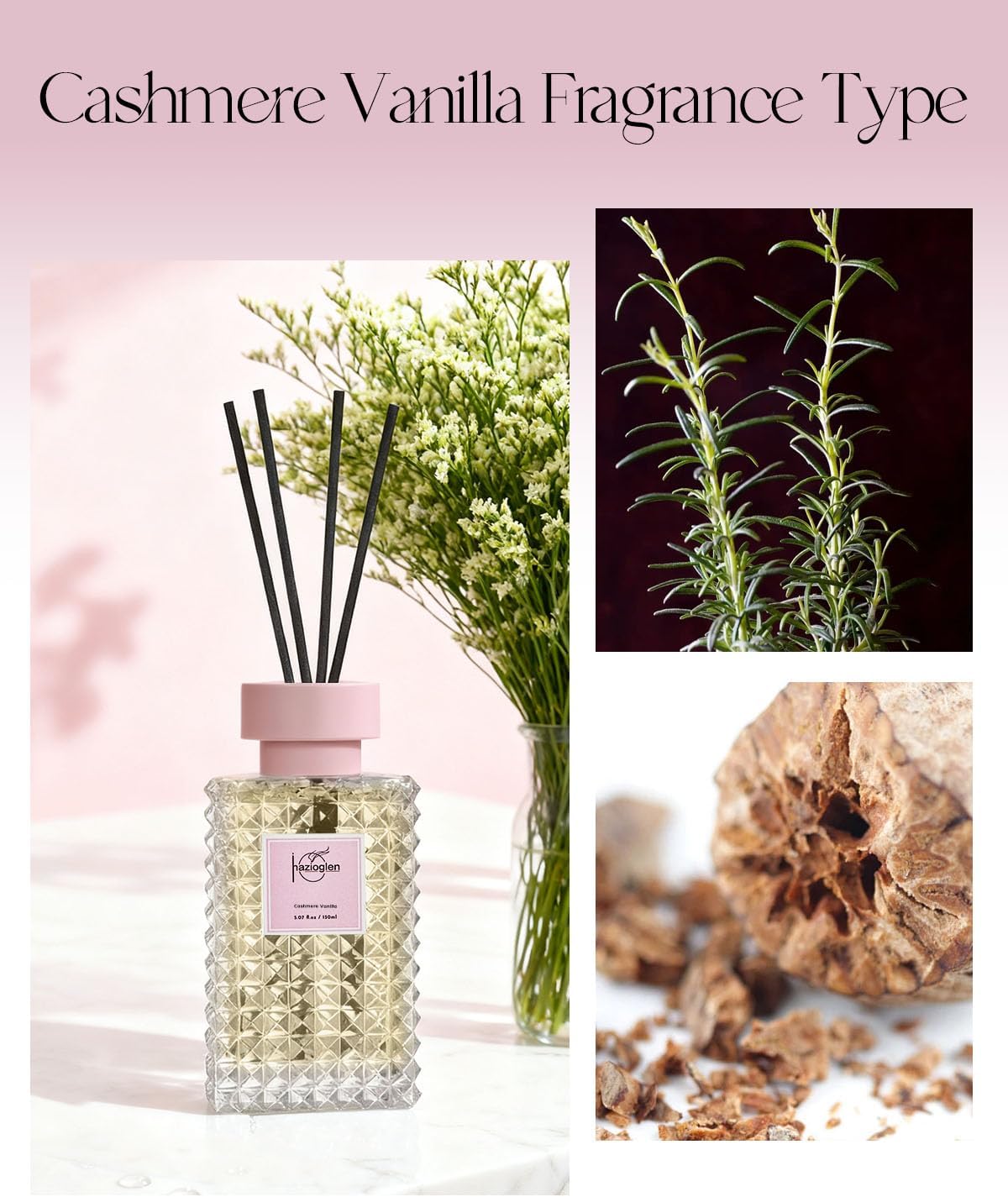 Reed Diffuser Set, Cashmere Vanilla Scented Home Fragrance Air Freshener for Bathroom Shelf Decor, 5.07 fl oz/150ml Essential Oil with Sticks