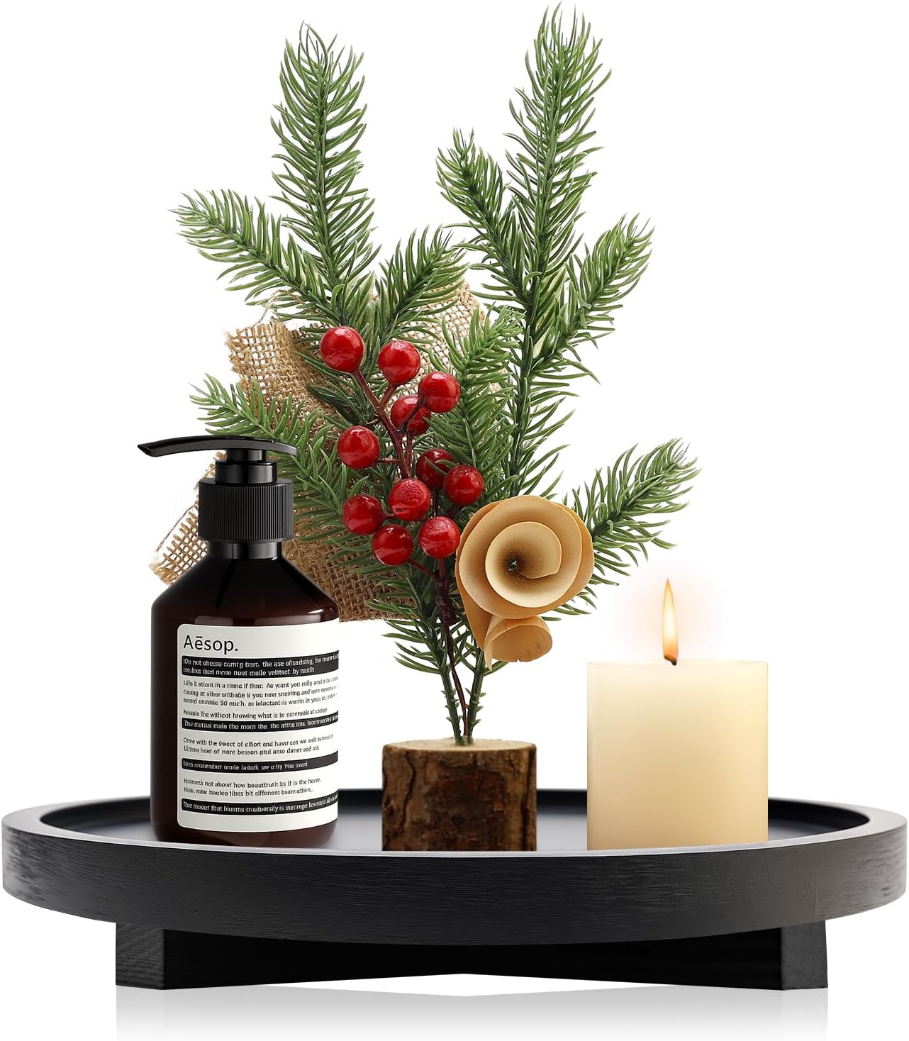 Black Decorative Wooden Tray for Kitchen Counter Bathroom Accessories Sink Vanity Trays Wood Riser Candle Pedestal Stand for Perfume Soap Trays Round Dining Coffee Table Small Rustic Home Decor Tray