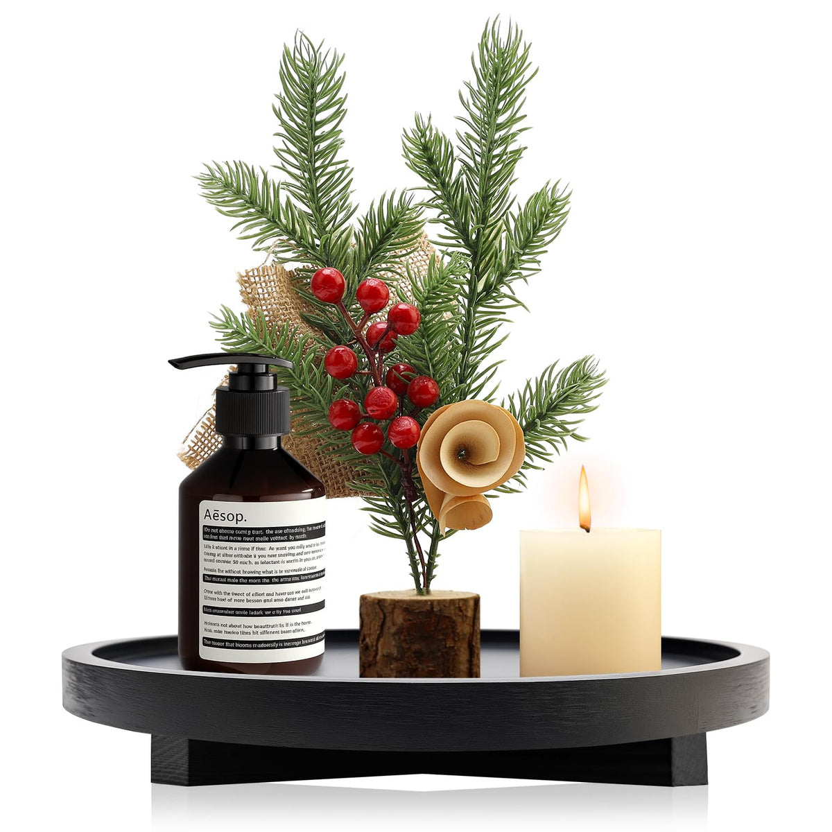 Black Decorative Wooden Tray for Kitchen Counter Bathroom Accessories Sink Vanity Trays Wood Riser Candle Pedestal Stand for