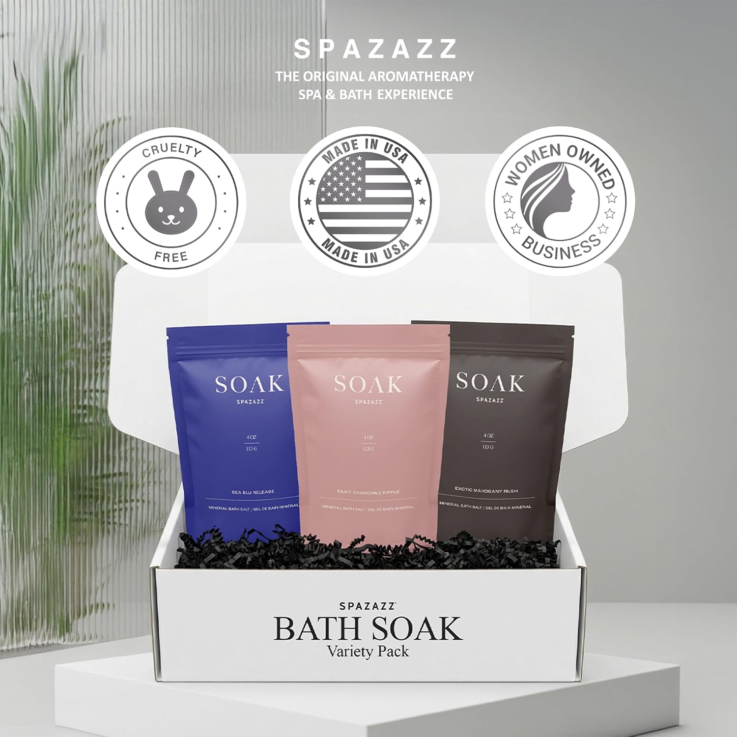 Spazazz Dead Sea Bath Salts with Magnesium & Arnica – Aromatherapy Mineral Bath Soak for Relaxation – 4oz Exotic Mahogany Rush, Silky Chamomile Ripple & Sea Blu Release with Bath Salt Scoop