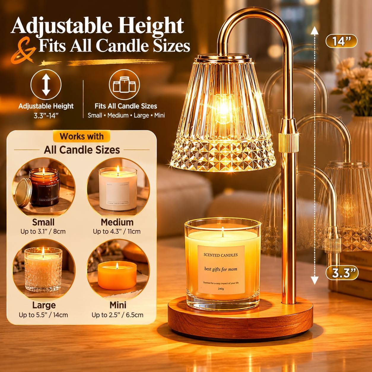 TATAANTY Candle Warmer Lamp with Timer and Dimmer, 4 Brightness Levels, Wooden Base, Mothers Day Gifts, Birthday Gift for Women, Golden, Home Decor Suitable for Bedroom, Offices, Living Rooms