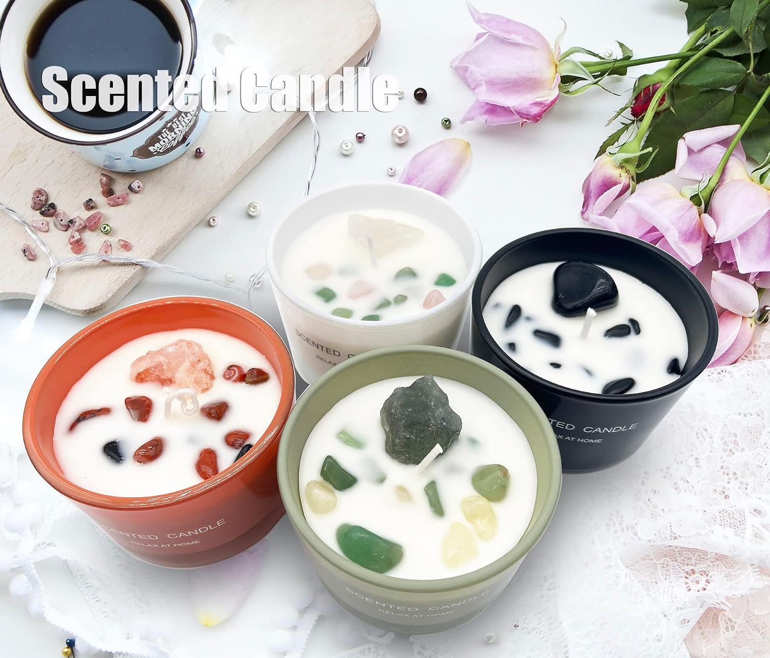 Healing Crystal Candles Chakra Jar Candle Soy Candle Gifts for Women Scented Candle Set 2 Pack Green and Orange