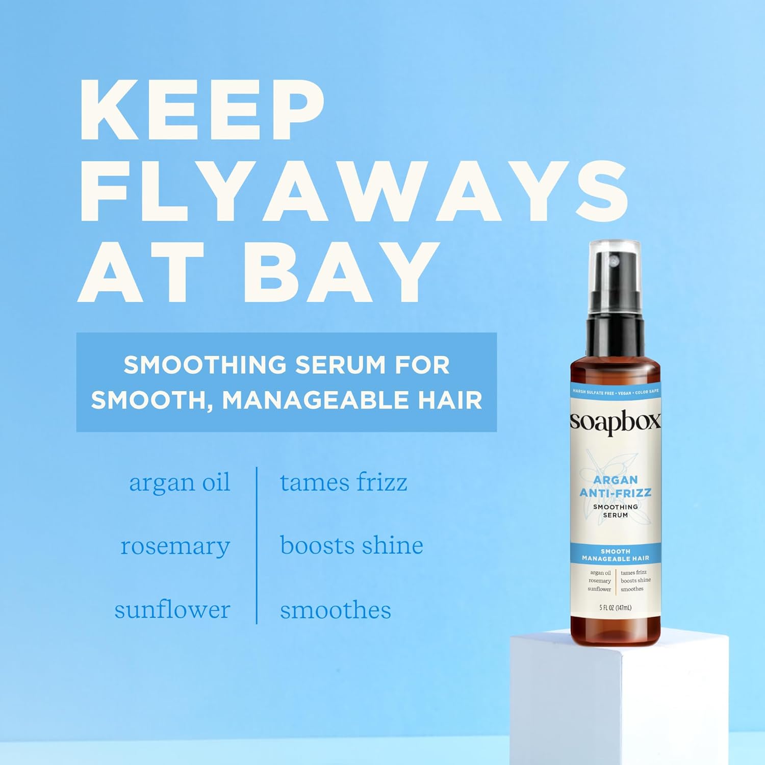 Soapbox Smoothing Argan Oil Serum, Controls Frizz & Adds Shine - Lightweight Anti Frizz Hair Serum with Shea Butter - Clean Ingredients Free of Harsh Chemicals, Sulfates, Parabens & Silicones - 5oz