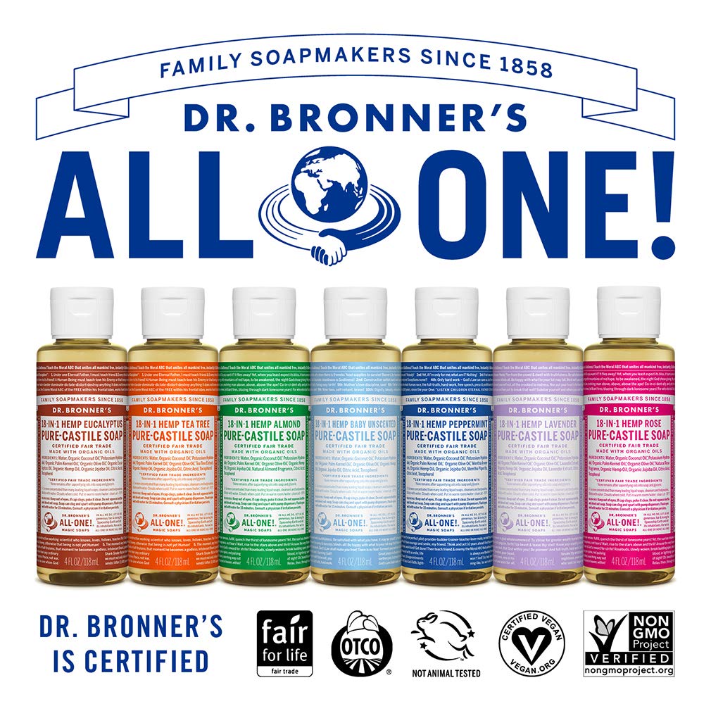 Dr. Bronner's - Pure-Castile Liquid Soap (Eucalyptus, 4 ounce) - Made with Organic Oils, 18-in-1 Uses: Face, Body, Hair, Laundry, Pets and Dishes, Concentrated, Vegan, Non-GMO