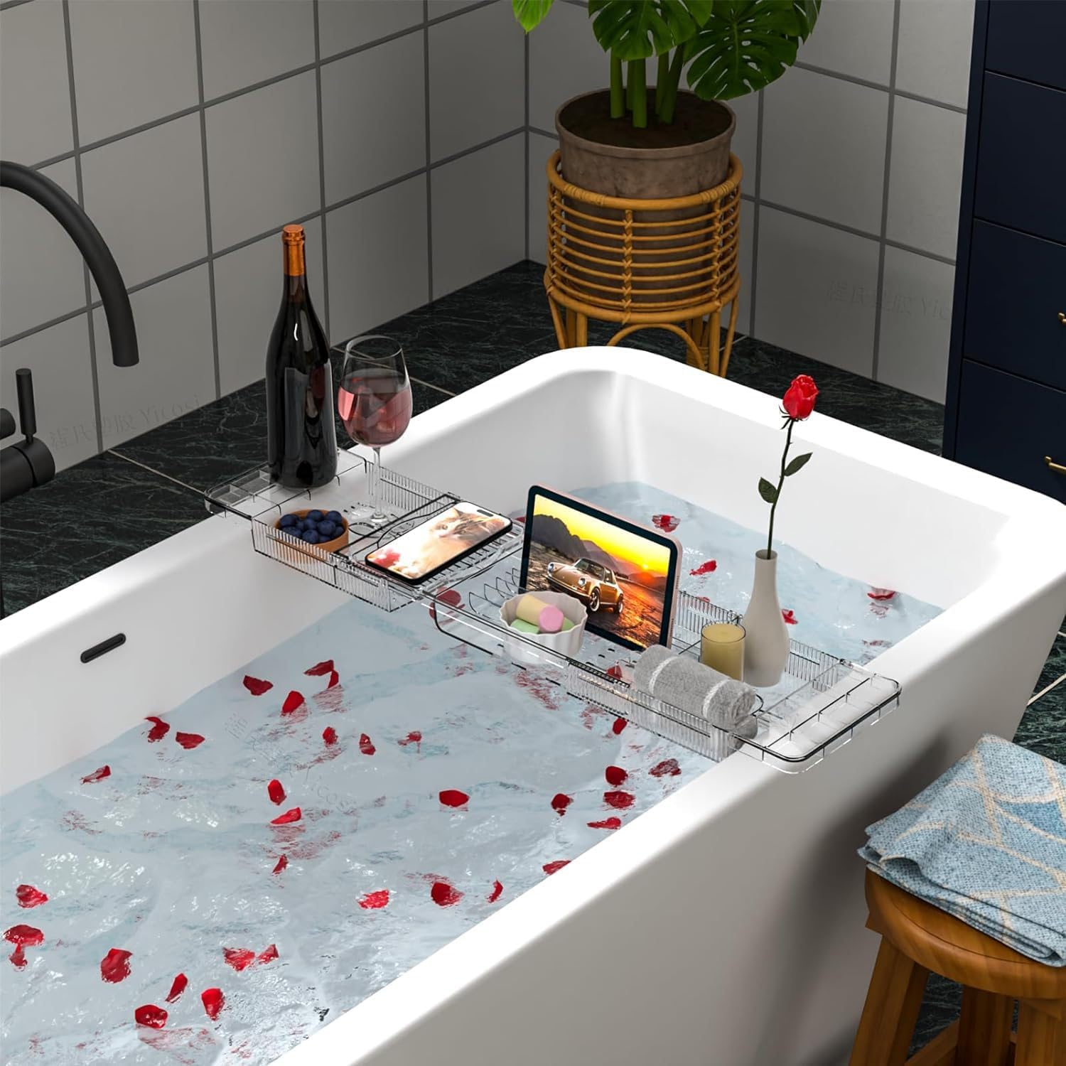 Expandable Bathtub Trays for Tub,Acrylic Bath Shelf Over Tub,with Non-Slip Design iPad Holder for Books Phone，Suitable for Bathtubs with an Internal Width of up to 28 Inch