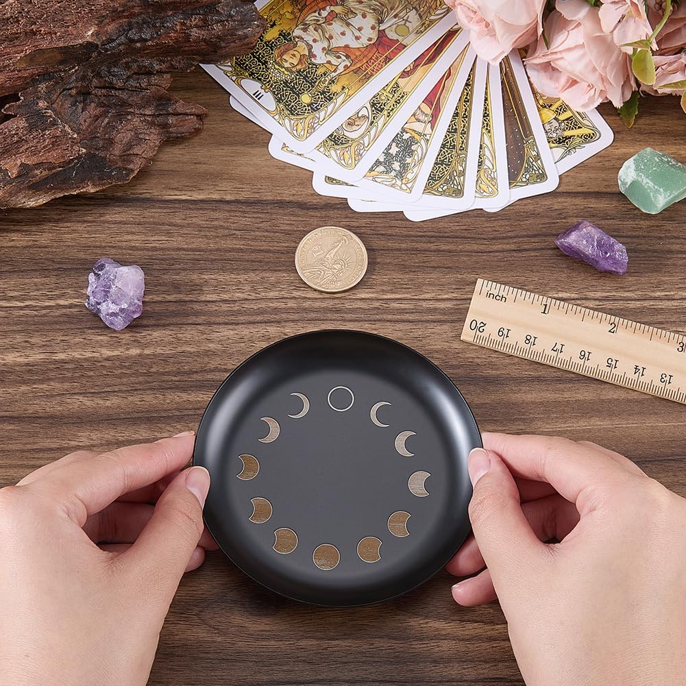 CREATCABIN Moon Phase Altar Ritual Plate Dish Stainless Steel Flat Bowl Black Jewelry Tray Round Tarot Offering Bowl Dish Candle Trinket Holder for Incense Burner Dowsing Divination 4 Inch