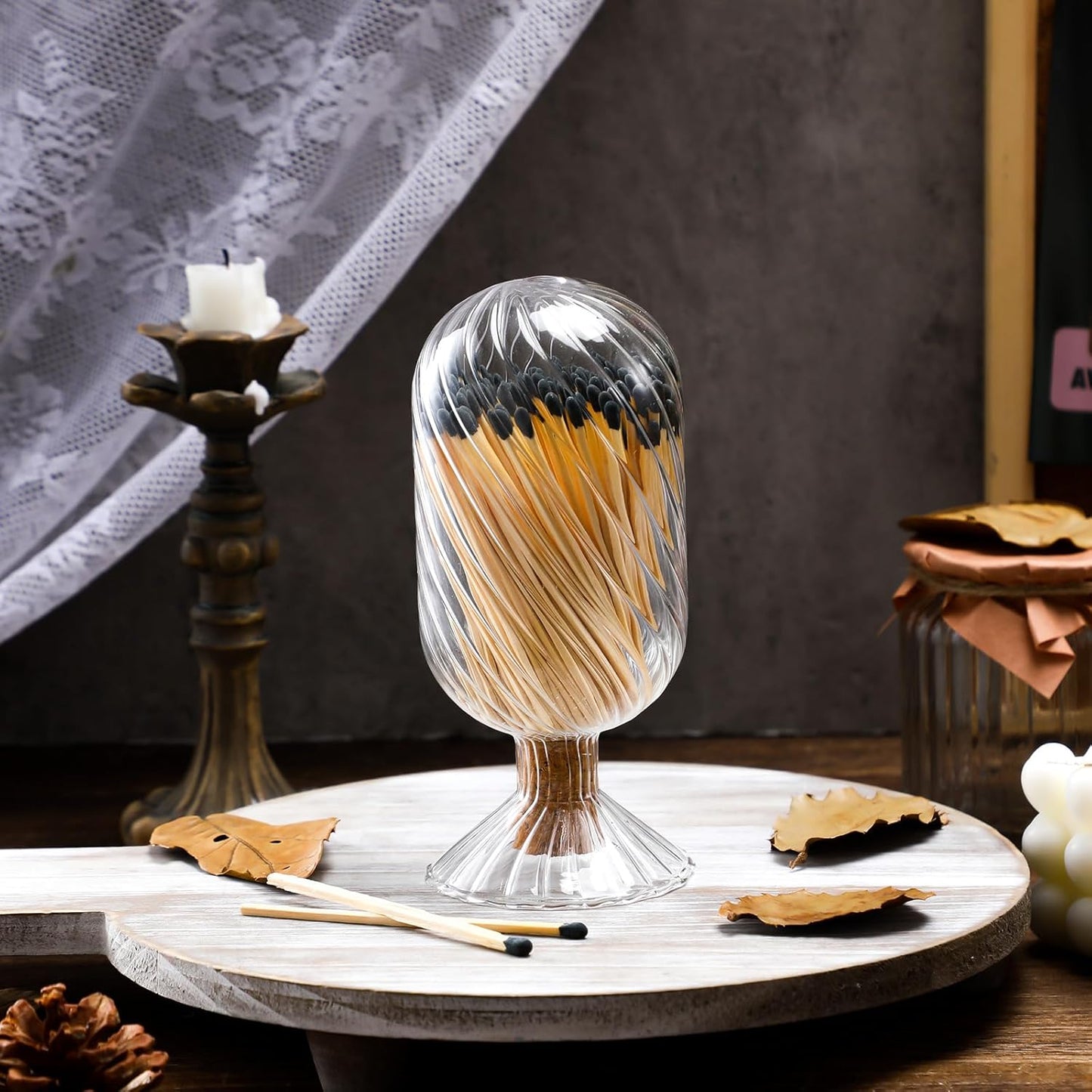 Cinnvoice Helix Shaped Glass Matches Cloche Decorative for 4 Inch Candle Matches Trendy Fireplace Display Decor, Not Include Matches(Clear,2.95 x 6.1 inches)