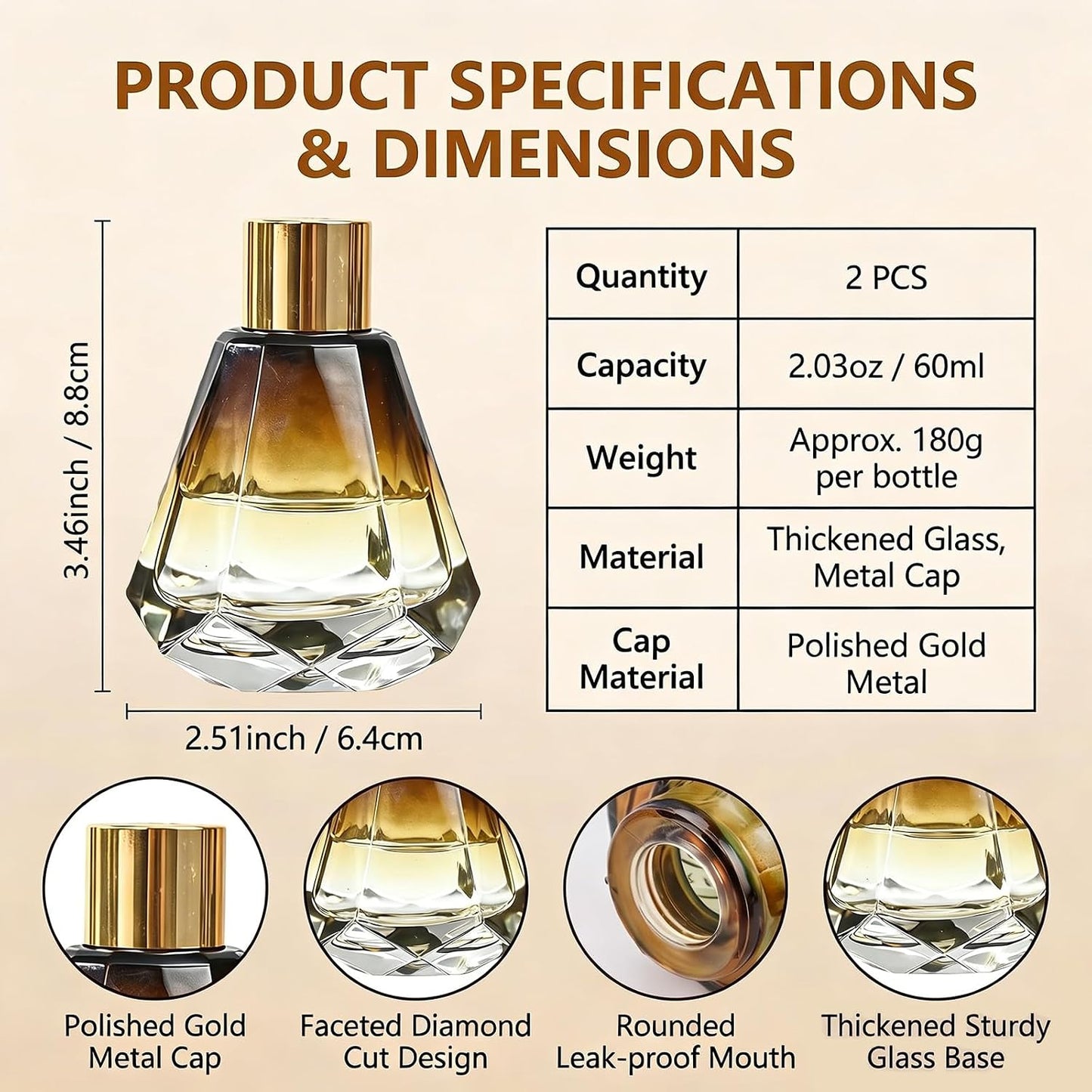 2Pcs 60ml/2oz Diffuser Bottles Empty Refillable Glass Diffusers Jars Aromatherapy Container Fragrance Accessories Use for DIY Replacement Diffuser Sticks Home Bathroom Decor