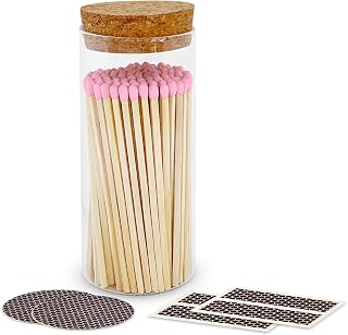 Decorative Matches in a Glass Jar | 4" Light Pink Long Matches (100 Match Sticks) + Cork Top Glass Holder + Striker Stickers | Gifts, Décor, & Candle Accessories | by Thankful Greetings, USA
