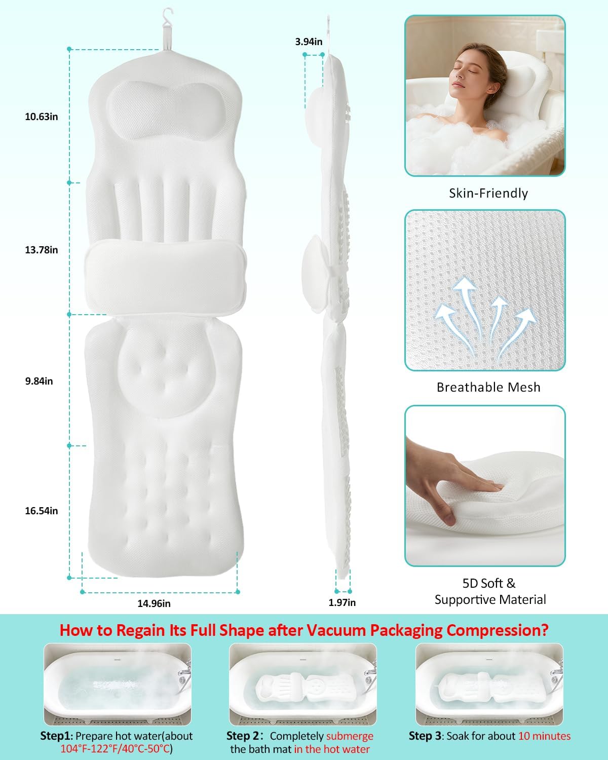 Full Body Bath Pillow for Bathtub, 5D Thick Tub Pillow for Bathtub with Movable Head, Neck & Lumbar Support, Laundry Bag & Hook, Bathtub Pillow for Post-Yoga Spa, Deep Relaxation(White, 51"*15")