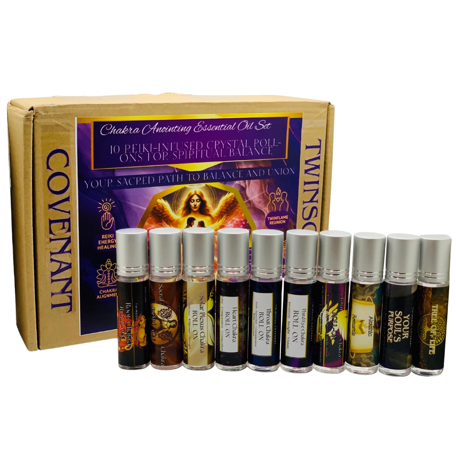 Twinflame Aromatherapy Roll-On Set – 10 Chakra-Aligned Essential Oil Blends with Archangel Energy, Scripture, and Crystals – 10ml Each for Meditation, Prayer & Energy Support