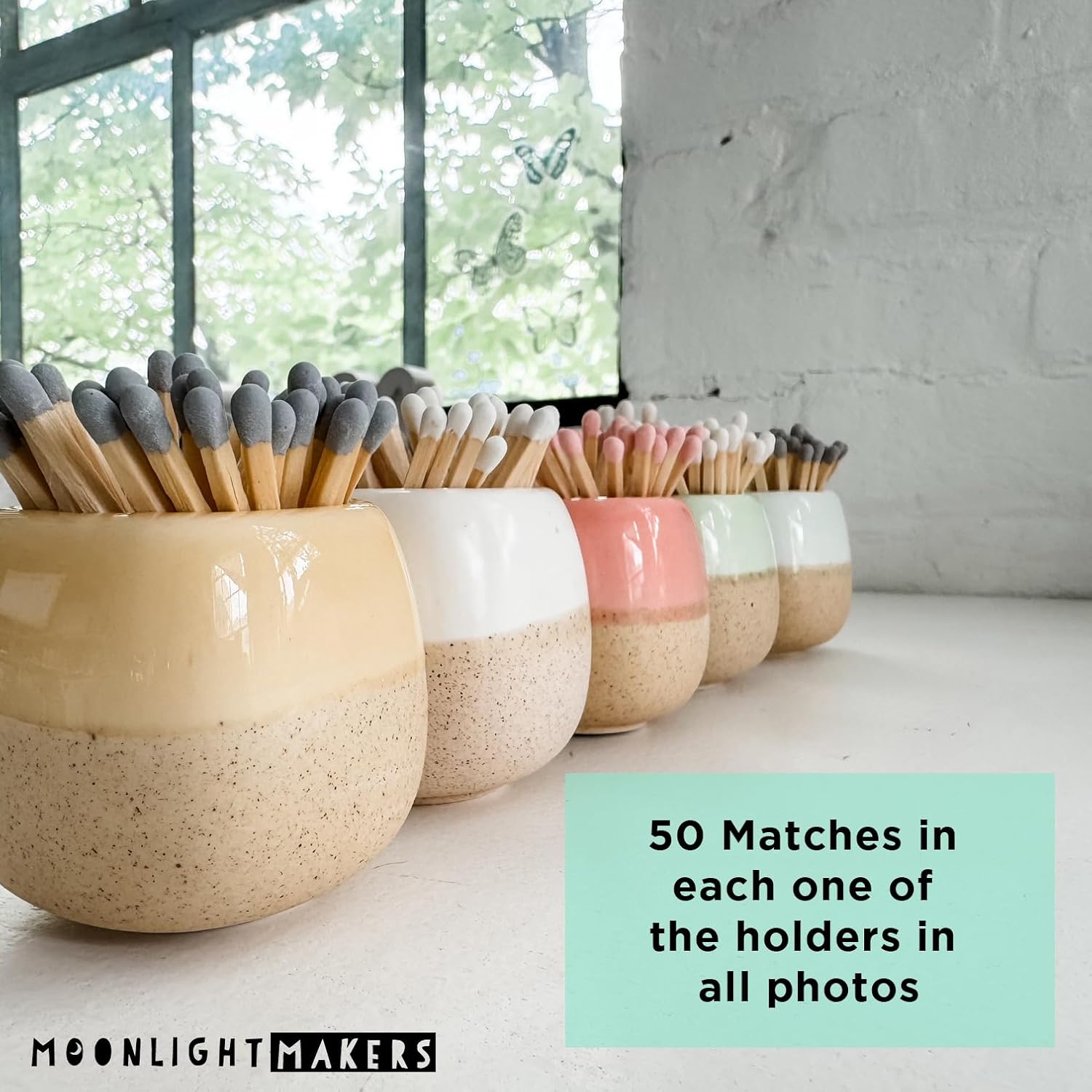 Moonlight Makers Decorative Match Holder with Striker (Pink), 50 Matches Included, Ceramic Matches Holder, Matches in a Jar with Striker, Cute Home Decor, Sweet Gift for Her