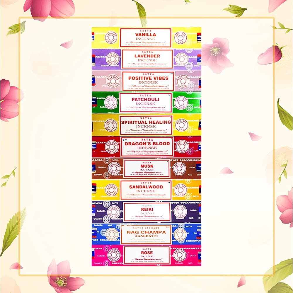 Generic Set of 15g Nag Champa, Lavender, Patchouli, Musk, Reiki, Rose, Positive Vibes, Spiritual Healing, Dragon Blood, Sandalwood, Vanilla + Free One Unit Satya Incense