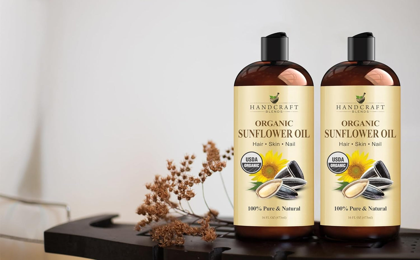 Handcraft Blends USDA Organic Sunflower Oil - Cold-Pressed 16 Fl Oz - 100% Pure and Natural - Premium Grade Carrier Oil for Skin and Hair - Hair and Body - Massage - Hexane-Free