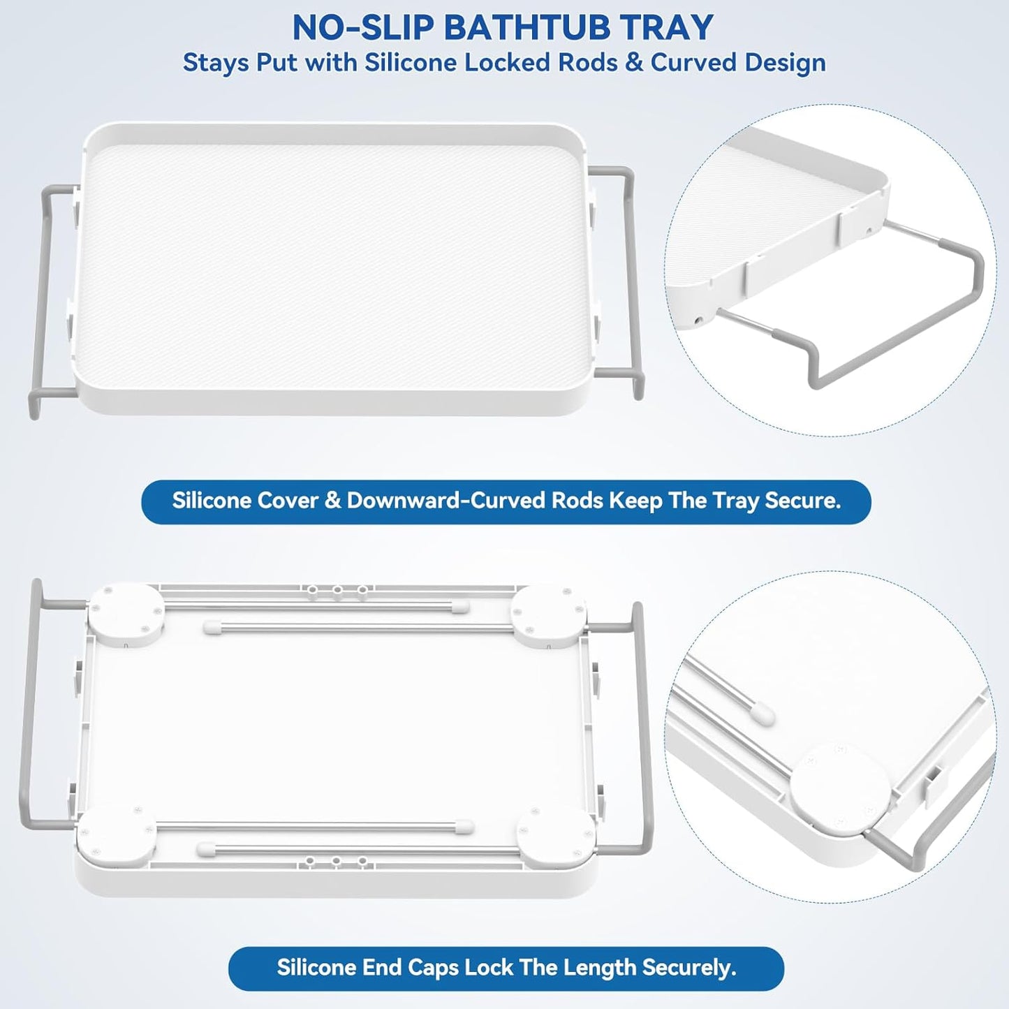 Bathtub Tray for Large Soaking Tub Table Tray Expandable Tub Shelf for Bathtub Caddy Bath Shelf Over Tub Luxury Bath Board Book Holder with Removable 2 Cup Holder Phone Metal Shower Caddy Basket White