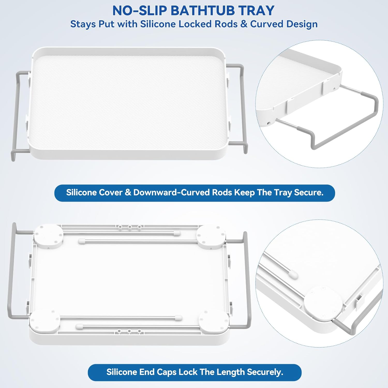 Bathtub Tray for Large Soaking Tub Table Tray Expandable Tub Shelf for Bathtub Caddy Bath Shelf Over Tub Luxury Bath Board Book Holder with Removable 2 Cup Holder Phone Metal Shower Caddy Basket White